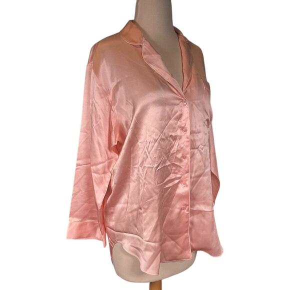 Nordstrom 100% Silk Small Long Back Pajama Top Long Sleeve Baby Pink White Trim - Picture 6 of 13